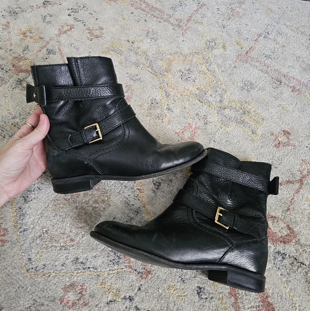 Kate Spade Sabina Pebbled Calfskin Black Leather Ankle Boots with Buckles